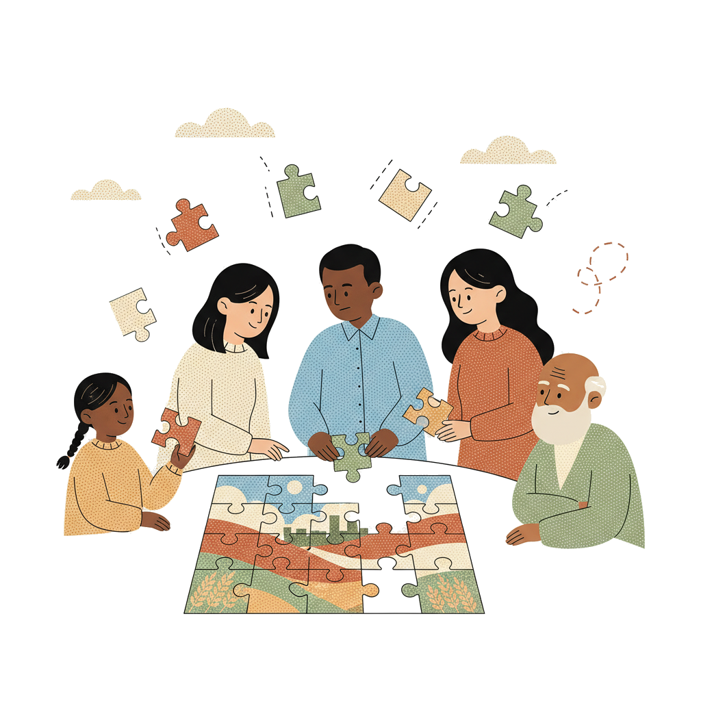 Five Calgarians across three generations gathered around a partially-assembled jigsaw puzzle, each contributing a piece — a child with a terracotta piece, an adult slotting a sage piece into place, others reaching to hand pieces across, while more pieces drift in the air around them. Calgary, assembled one piece at a time.