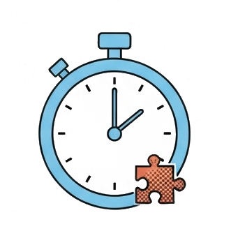 Sky-blue stopwatch face with a small puzzle piece beside it — Competition pillar.