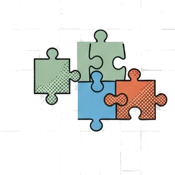 Three puzzle pieces of different sizes connected — three-generations pictograph for the Family pillar.