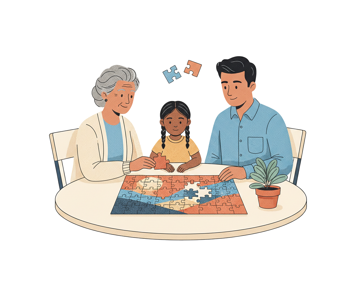 A multi-generational Calgary family working on a jigsaw puzzle together — the Family pillar.